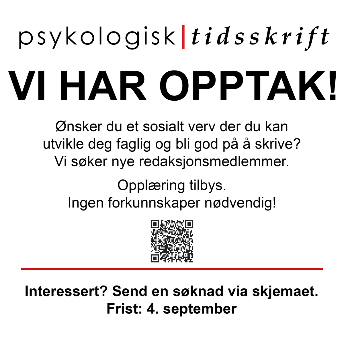 Psykologisk tidsskrift søker nye redaksjonsmedlemmer!🥳

 Er du interessert i å lære mer om psykologi i et sosialt og kreativt miljø? 

Fyll ut skjema, eller send oss en mail til post@psykologisktidsskrift.no!