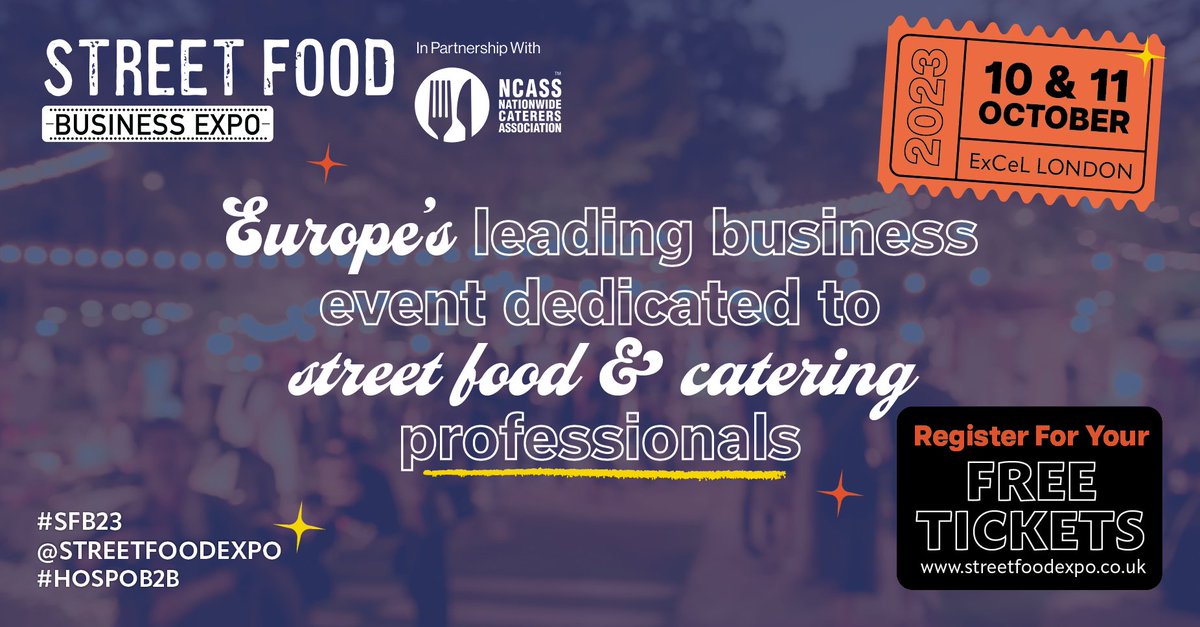 Save the 10th & 11th October at The ExCeL London for Europe’s leading business event dedicated to street food & catering professionals! 🎫 Get your FREE ticket today 🎫 bitly.ws/T9r2

Get FREE ticket & see where #SFBE23 can take your business! 🎫

#SFB23 #HOSPOB2B