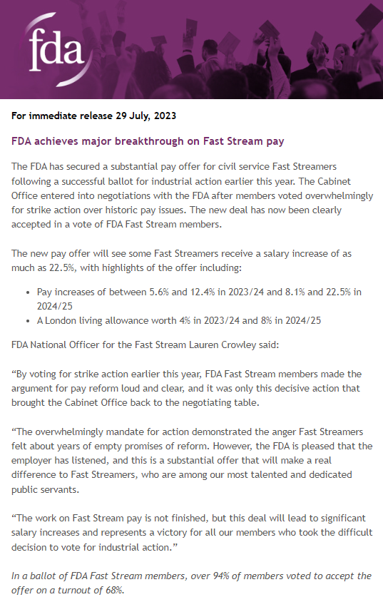 "This deal will lead to significant salary increases &amp; represents a victory for all our members who took the difficult decision to vote for industrial action" 

<a href="/Lauren_Crowley/">Lauren Crowley</a> describes the FDA's breakthrough in Fast Stream pay after members overwhelmingly vote to accept offer.