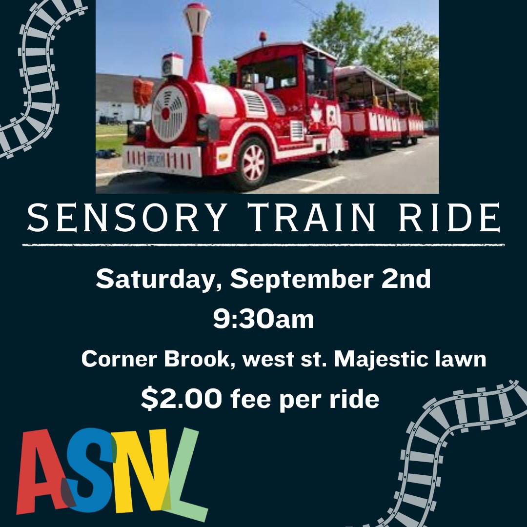 WEST COAST FAMILIES!!
Join us for a sensory train ride on the mill whistler,  Saturday, September 2nd on west street, majestic lawn. The train ride is $2.00 per person per ride. For any questions, or concerns, please contact Jessica at jwyatt@asnl.ca