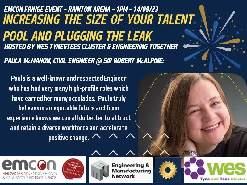 📣 INCREASING THE SIZE OF YOUR TALENT POOL AND PLUGGING THE LEAK 📣 Introducing Paula McMahon, WES T&T Committee Member, Engineering Together Founder and Chartered Civil Engineer! BOOK YOUR PLACE @ buff.ly/3E4pZjm 📆 14.09.2023 1300-1400 📍 EMCON 2023 RAINTON ARENA