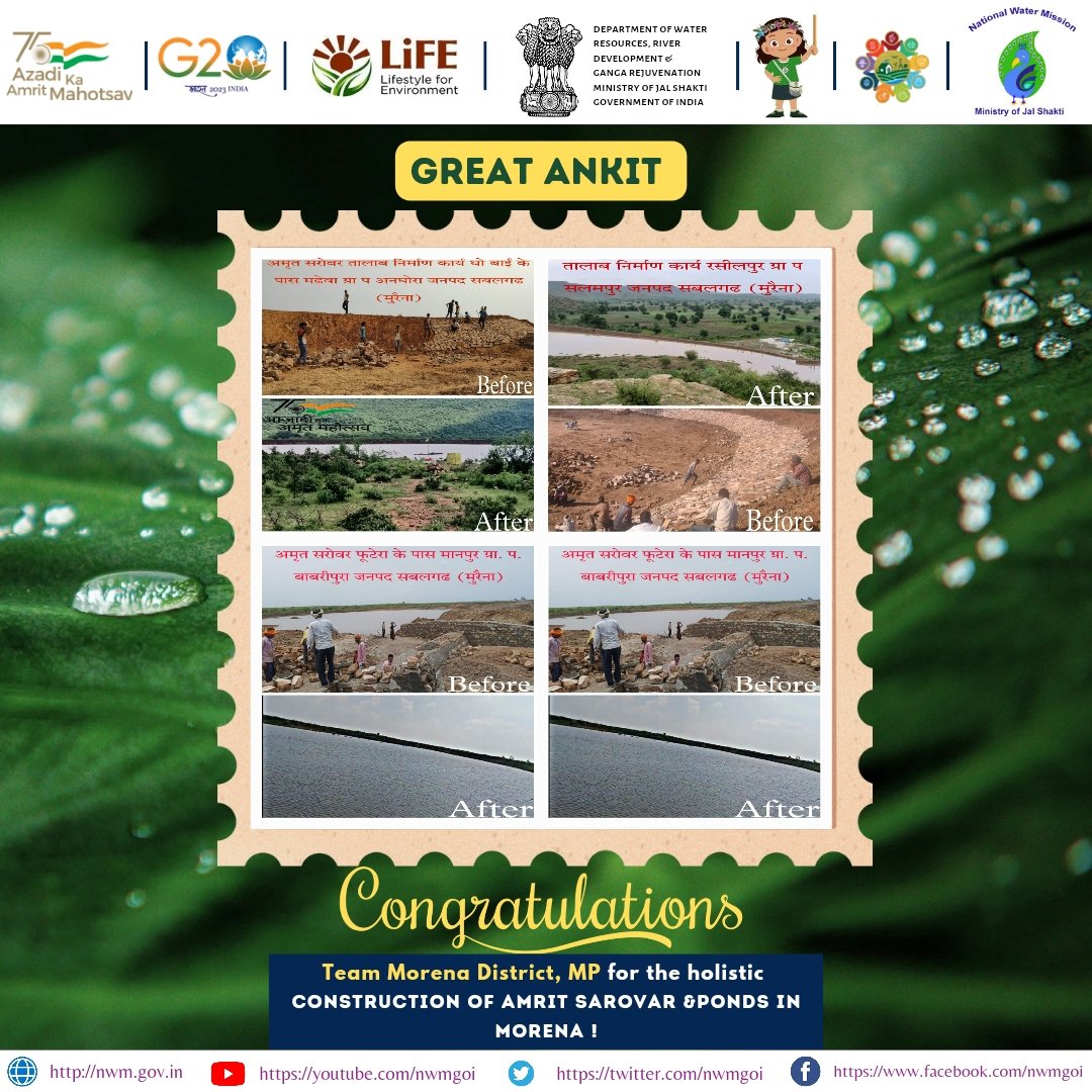 nwmgoi's tweet image. Congratulations to Team #Morena District, MP for the Amrit Sarovar, Har Khet Talab and special acknowledgement to @collectormorena Ankit Asthana 
Kudos 👏 

#DMMorena
#JSACTR2023 #JalShaktiAbhiyan 
#WaterConservation