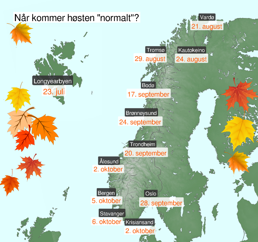 Meteorologene's tweet photo. Ifølge kalenderen nærmer vi oss den første høstmåneden! 🍂 🍃 

Meteorologene ser det på en litt annen måte 👉  Høsten starter når døgnmiddeltemperaturen er mellom 0 og 10 grader og er fallende. 

Meteorologisk sett starter altså høsten i Tromsø i dag! https://t.co/vSxMP3y29F