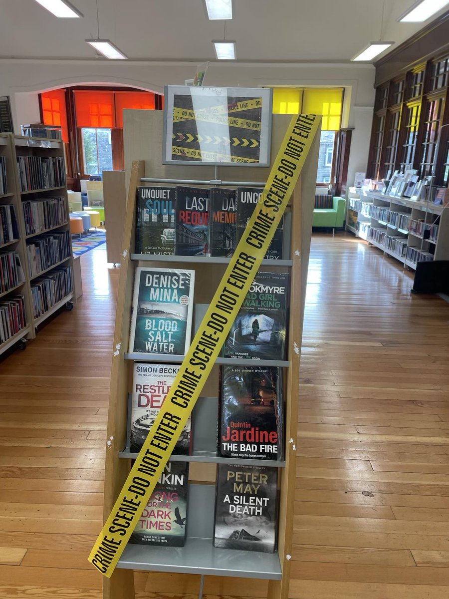 When the library in your home town #WestCalder has a @bloodyscotland display with you & @authorpetermay  @damedenisemina @cbrookmyre  @Beathhigh Quintin Jardine Simon Beckett
Be still my beating heart. 
#crimefictionbooks #bloodyscotland #booktwitter  #librarylove