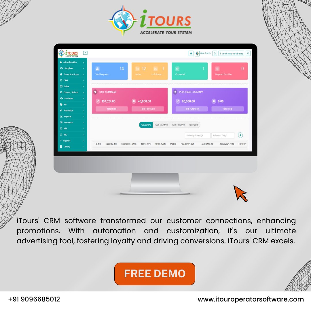 iToursERP's tweet photo. 🌐 Elevate your travel business with iTours CRM - your gateway to personalized interactions, streamlined operations, and data-driven insights. Experience the future of client management and efficiency in travel.✈️ #iTours #Travel #Software https://t.co/5bO7fl20TL