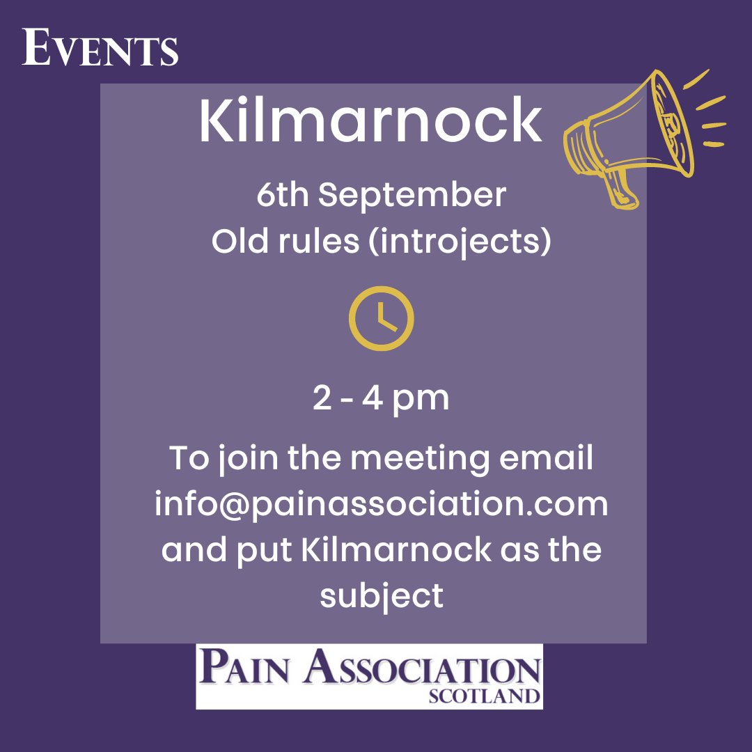 PainAssocScot's tweet image. Next Kilmarnock meeting will be online

Meetings details 👇

To sign up 👇
bit.ly/3suRNrn

#Kilmarnock #Oldrules #Spoonies #Chronicpain #Selfmanagement   

@SoniaCottom @NHSaaa @EAHSCP @EastAyrshire @EALeisure @NHSAAAPharmacy @ScotCLWnetwork