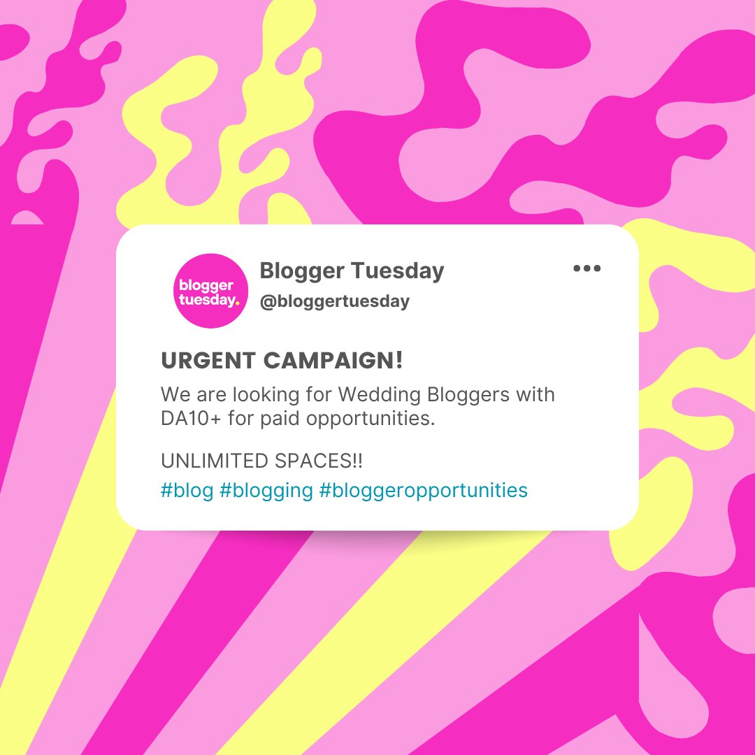 BloggerTuesday's tweet image. ATTENTION ALL BLOGGERS🚨🚨🚨

We are actively looking for bloggers who create Wedding content😅

Drop your links below if this sounds like you! 

#blog #blogging #blogger #bloggerswanted #bloggerstribe #bloggers #weddingblogger