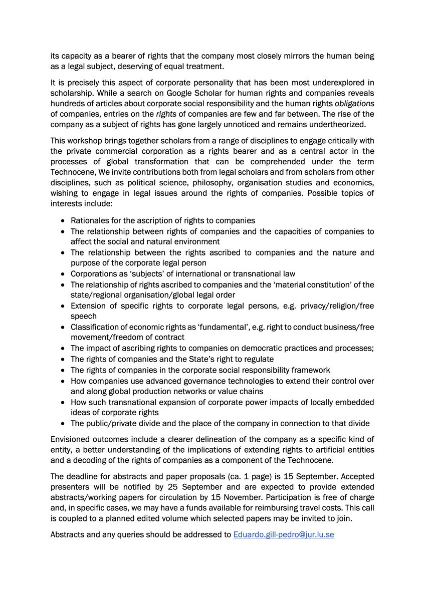 Companies and their global networks shape the world more than any individual human being, yet arguments abound that companies should be treated equally to humans. Join us <a href="/lunduniversity/">Lund University</a> 4–5 Dec 2023 for the workshop 'Decoding the Rights of Companies in the Technocene'!