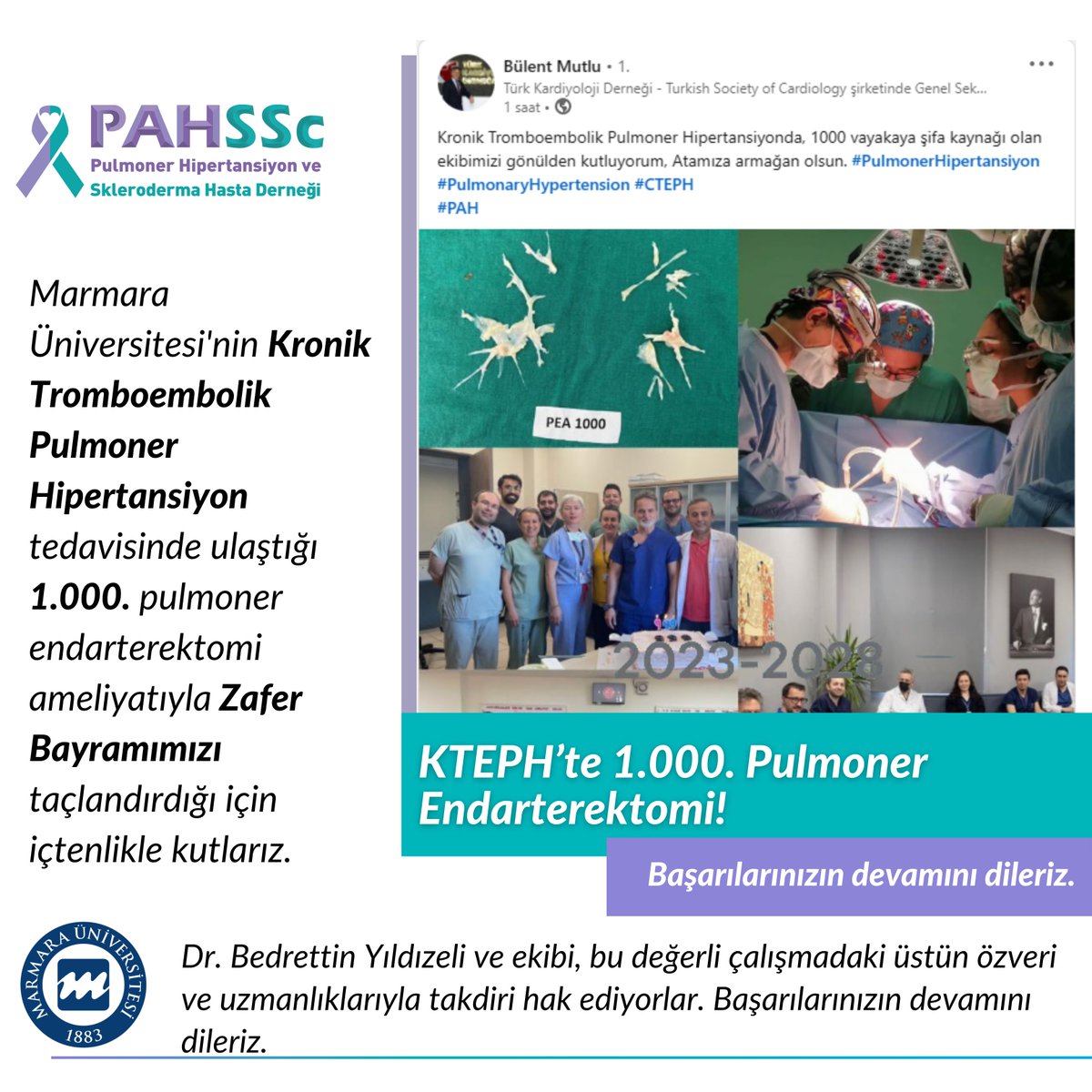 Marmara Üniv.'nin #KTEPH tedavisinde ulaştığı 1.000. #PulmonerEndarterektomi ameliyatıyla #ZaferBayramı.mızı taçlandırdığı için içtenlikle kutluyor,  Dr. Bedrettin Yıldızeli ve ekibini özveri ve uzmanlıklarıyla takdir ediyor, başarılarının devamını diliyoruz. #CTEPH #KTEPHaklımda