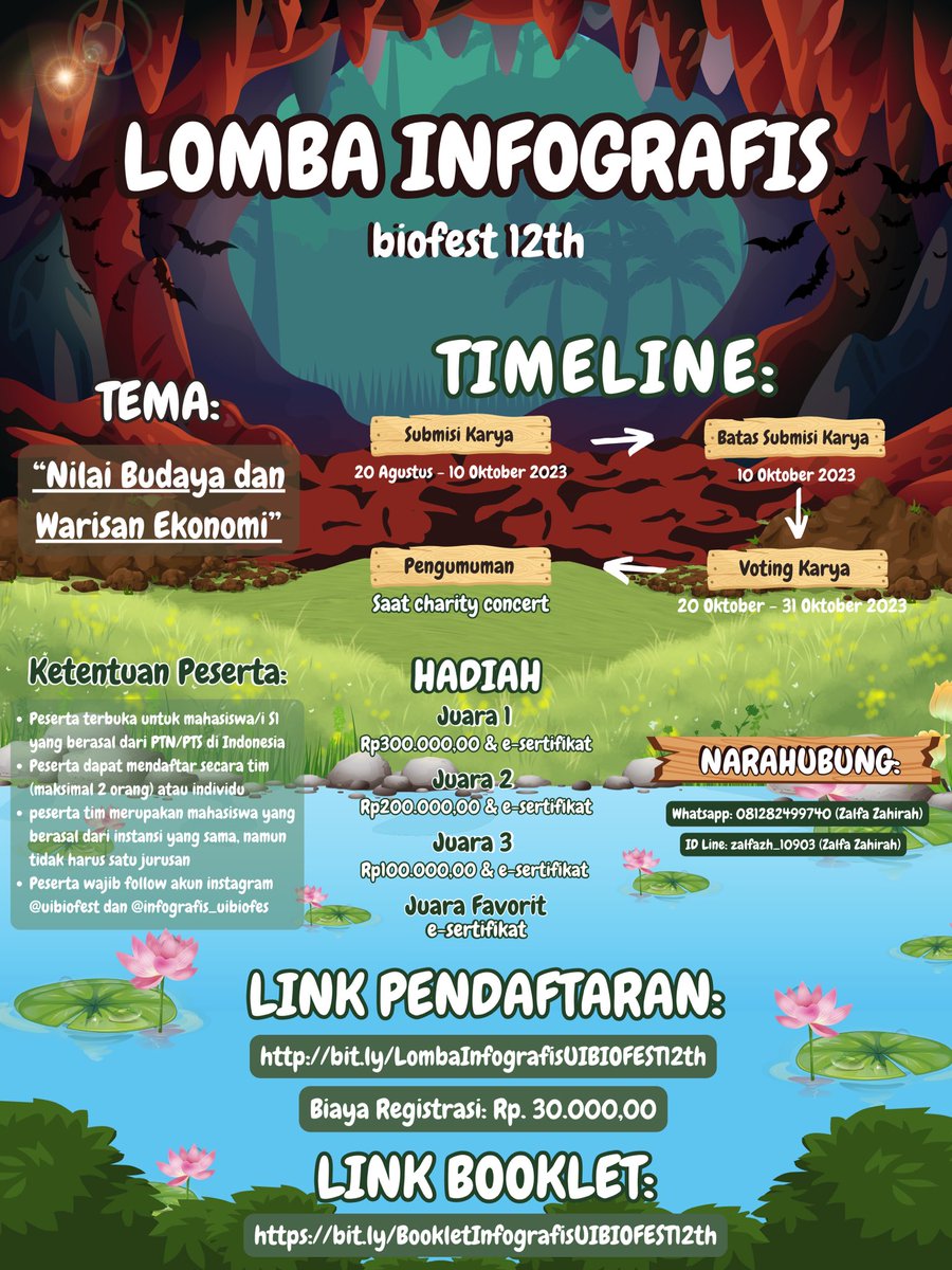 [UI BIOFEST 12TH LOMBA INFOGRAFIS]

Halo, Pejuang Konservasi! 👋

Lomba infografis akan hadir dalam rangkaian acara UI Biofest 12th! ✨
Tema yang dibawakan pada lomba kali ini adalah “Nilai Budaya dan Warisan Ekonomi”. 📝

🔗 Link Pendaftaran:
bit.ly/LombaInfografi…