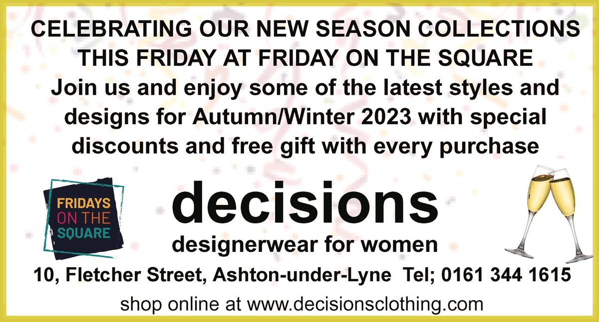 We’re launching #Autumn23 this Friday! #FridayontheSquare #Fridayfun Prosecco served from 4pm! #dontbesquare #bethere #FridayontheSquare #FletcherSquare #AshtonuLyne #fashionretail #indieretail