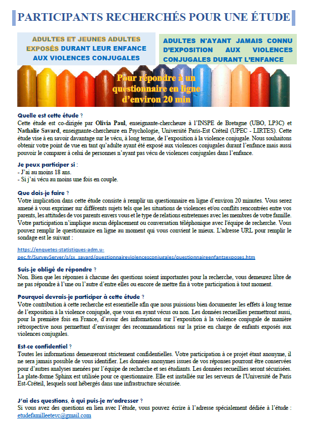 Bonjour Twitter, j'ai encore besoin d'un coup de pouce pour diffuser massivement cet appel à participation
🚨Etude sur les effets de l'exposition aux violences conjugales durant l'enfance
Pour participer : avoir + de 18 ans et avoir déjà vécu en couple. 
➡️enquetes-statistiques-adm.u-pec.fr/SurveyServer/s…