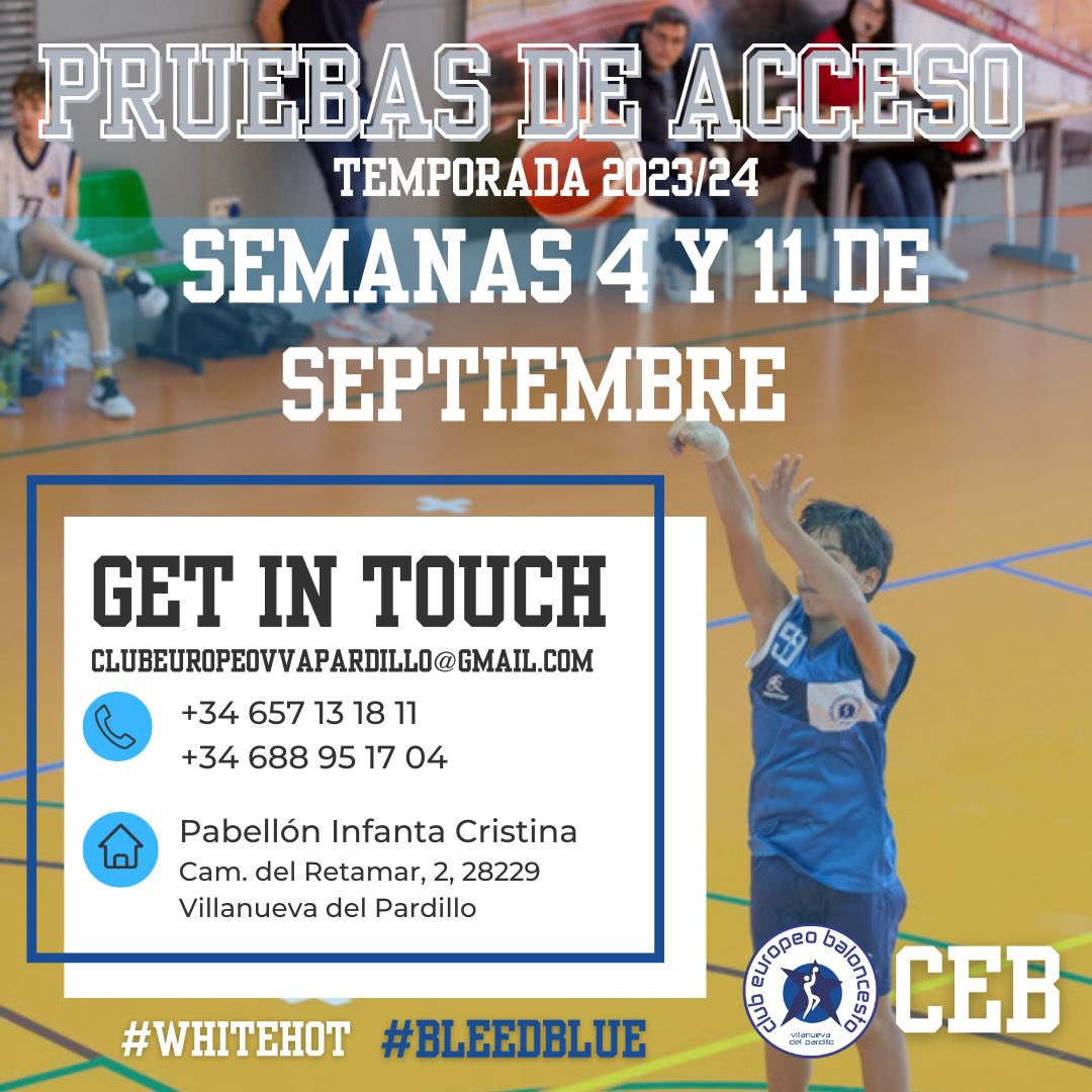 ⏳Últimas pruebas de acceso pretemporada 2023-24
Ven a conocernos‼️ 
Te esperamos en el📍Pabellón Infanta Cristina 
#WhiteHot🤍  #BleedBlue💙 #DefendTheLand🏰