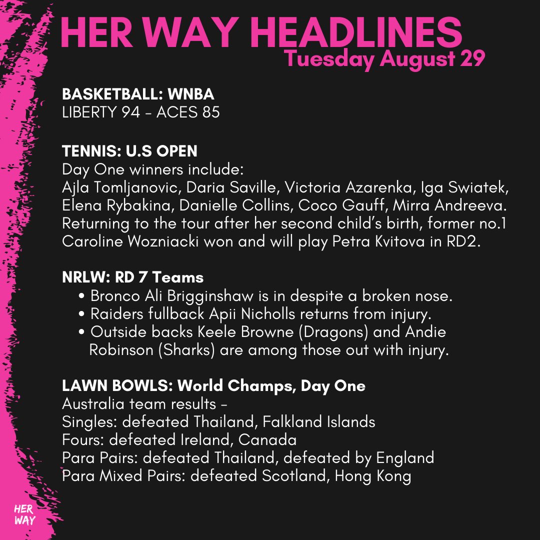 HER WAY HEADLINES: Tue Aug 29