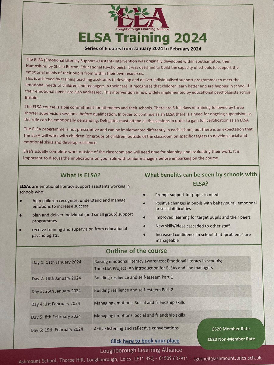 Are you interested in becoming an ELSA!? Please see the poster attached and book on to our next ELSA training course by clicking the link bookwhen.com/lla