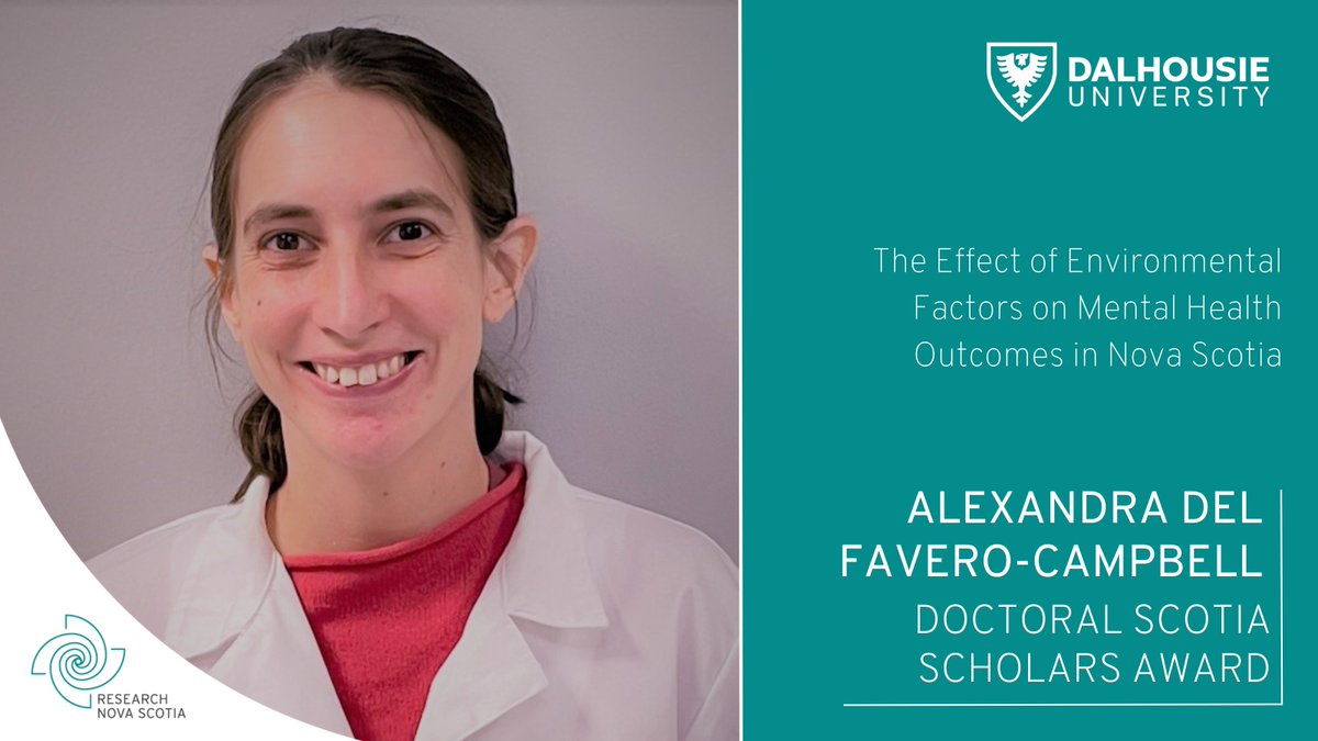 Research Nova Scotia (@_researchns) on Twitter photo Congratulations to Alexandra Del Favero-Campbell at <a href="/dalhousieu/">Dalhousie University</a> for receiving a 2023/24 Doctoral Scotia Scholars Award for #research exploring the effect of #Environmental factors on #MentalHealth outcomes in #NovaScotia.
🧵(1/5) Congratulations to Alexandra Del Favero-Campbell at <a href="/dalhousieu/">Dalhousie University</a> for receiving a 2023/24 Doctoral Scotia Scholars Award for #research exploring the effect of #Environmental factors on #MentalHealth outcomes in #NovaScotia.
🧵(1/5)