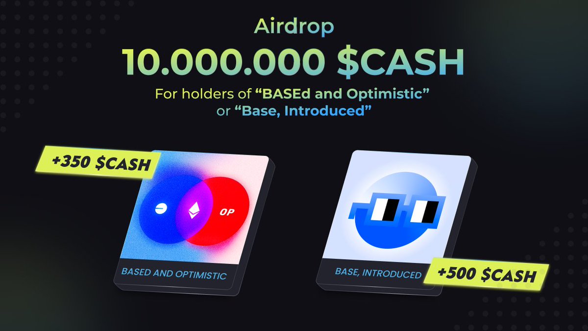 Cashbox | Social Launchpad (@cashbox_land) on Twitter photo 10M $CASH will be Airdrop to holders of BASEd and Optimistic or Base, Introduced
👉How to join
1. Follow <a href="/CashBox_Land/">Cashbox | Social Launchpad</a>
2. ♥️ +RT this post
3. Fill out the form: tally.so/r/wbj68e
📷Snapshot date: September 5th 2023 10M $CASH will be Airdrop to holders of BASEd and Optimistic or Base, Introduced
👉How to join
1. Follow <a href="/CashBox_Land/">Cashbox | Social Launchpad</a>
2. ♥️ +RT this post
3. Fill out the form: tally.so/r/wbj68e
📷Snapshot date: September 5th 2023