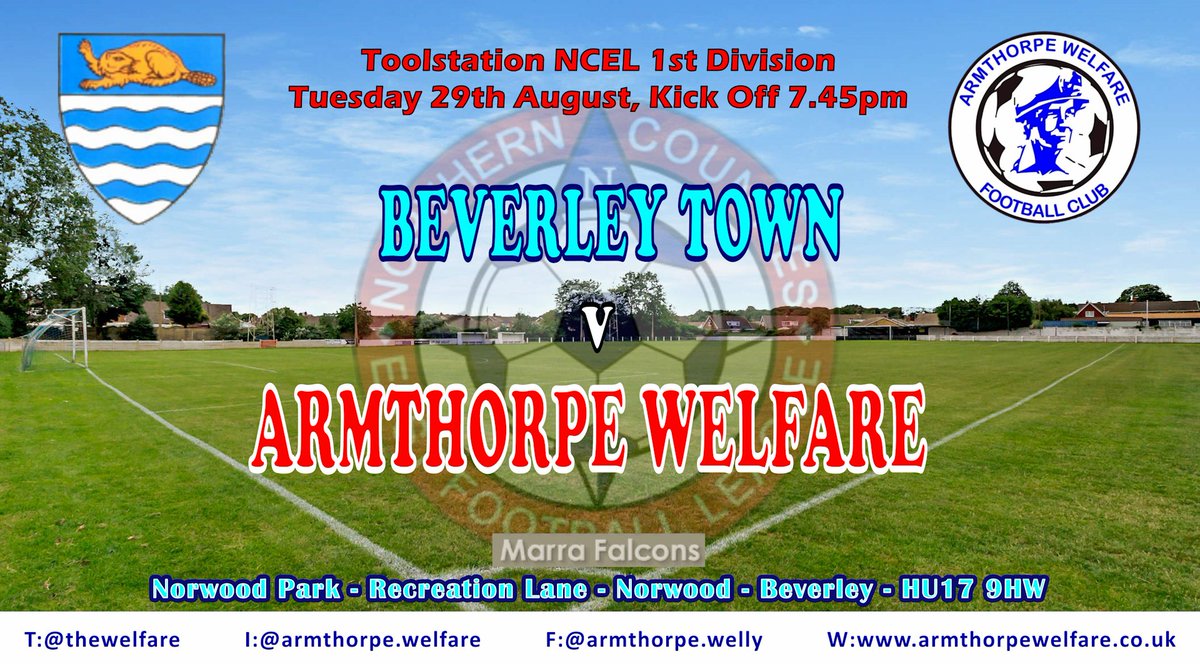 It's Matchday!
@bevtownfc v @thewelfare 
In @NCEL 1st Division
Kick off 7.45pm.

Norwood Park,
Recreation Lane,
Norwood,
Beverley,
HU17 9HW

#upthewellie #ncel #Armthorpe #Doncaster #doncasterisgreat