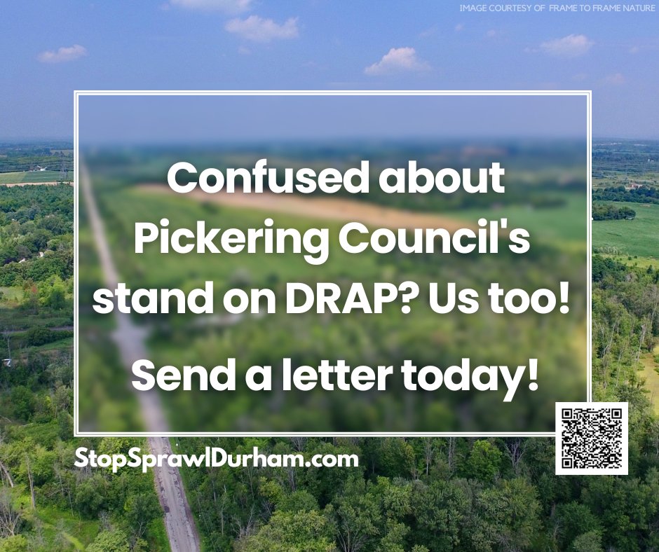 NoSprawlDurham's tweet photo. Where does Pickering Council really stand on development in DRAP? We're confused too! We just sent a letter urging them to pass a MOTION and abandon any more talk of development in DRAP. You can send one too. Click here: https://t.co/A9dP85asVx
#GreenbeltGate #SaveDRAP #MunPoli https://t.co/fnG2WBiYIv
