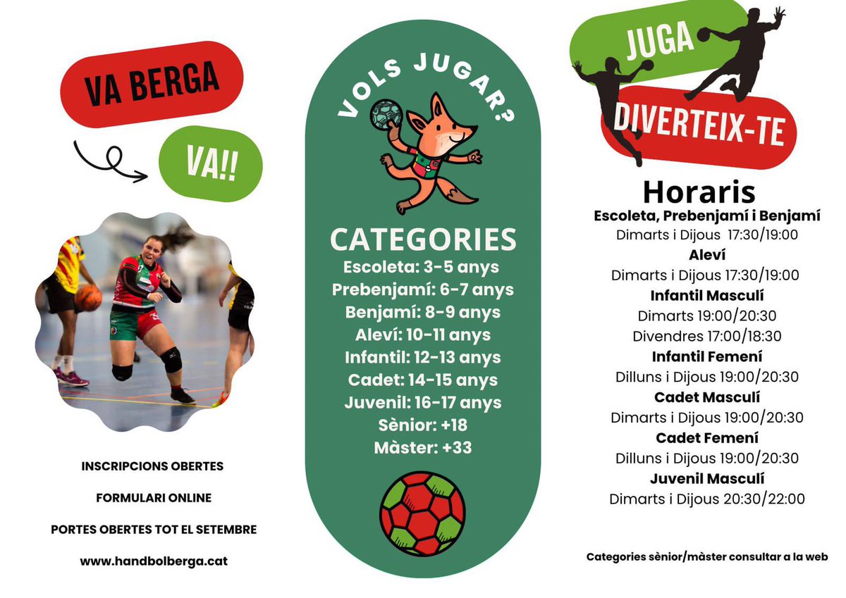 CmSergi's tweet photo. Portes obertes a l’ @HandbolBerga 
Si ets noia, d’entre 10 i 15 anys i vols provar-ho, vine cada dilluns i dijous de les 19h a les 20:30h!!!
Aquesta setmana ja hem començat!!!
@FedCatHandbol #HandbolCatalà #HandbolFemení https://t.co/ZKqjjms53T