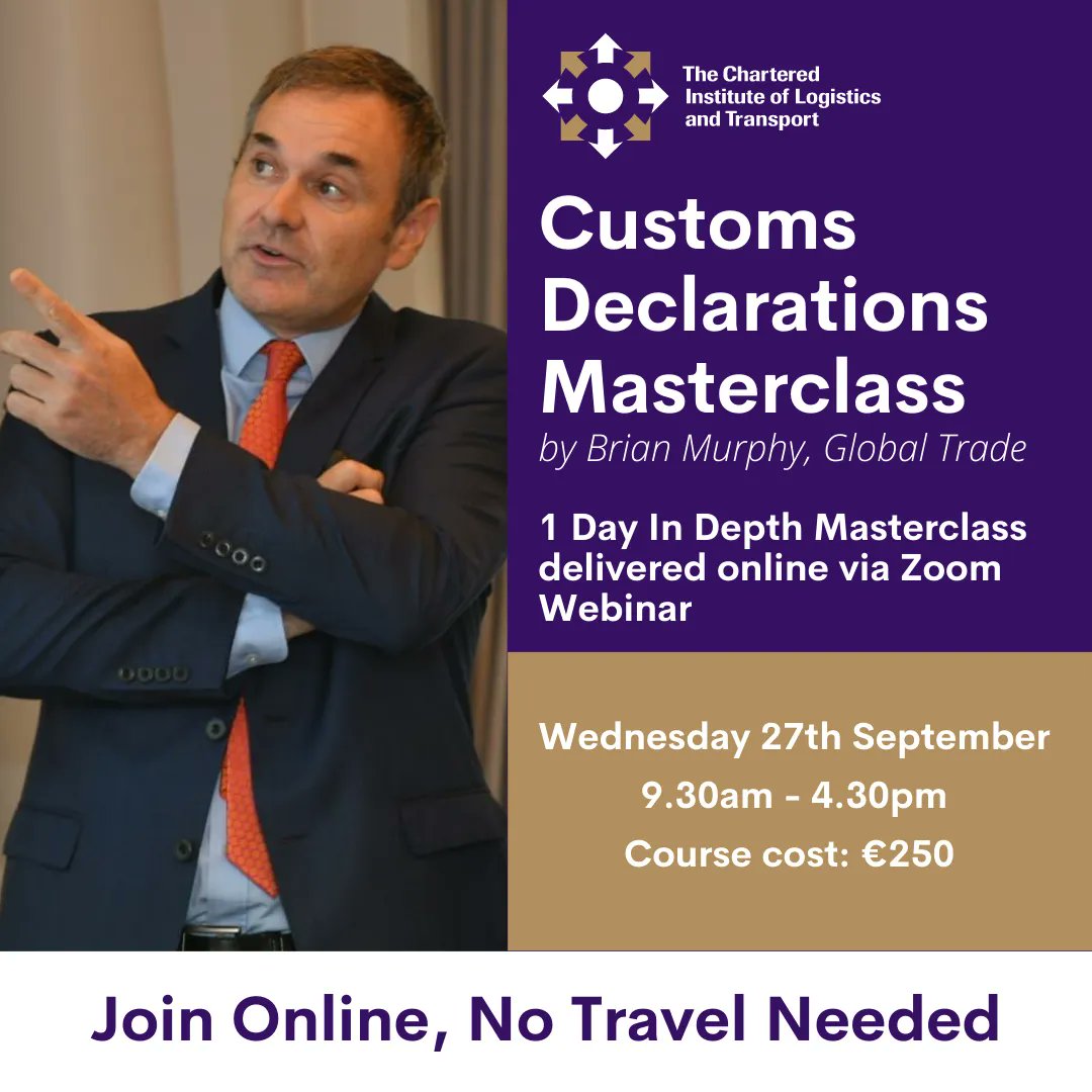 The popular one day customs declarations masterclass with Brian Murphy returns on Wednesday 27th of September via Zoom webinar.

This course is for improvers, people with a knowledge of customs compliance and trade facilitation. 

To book, please email communications@cilt.ie