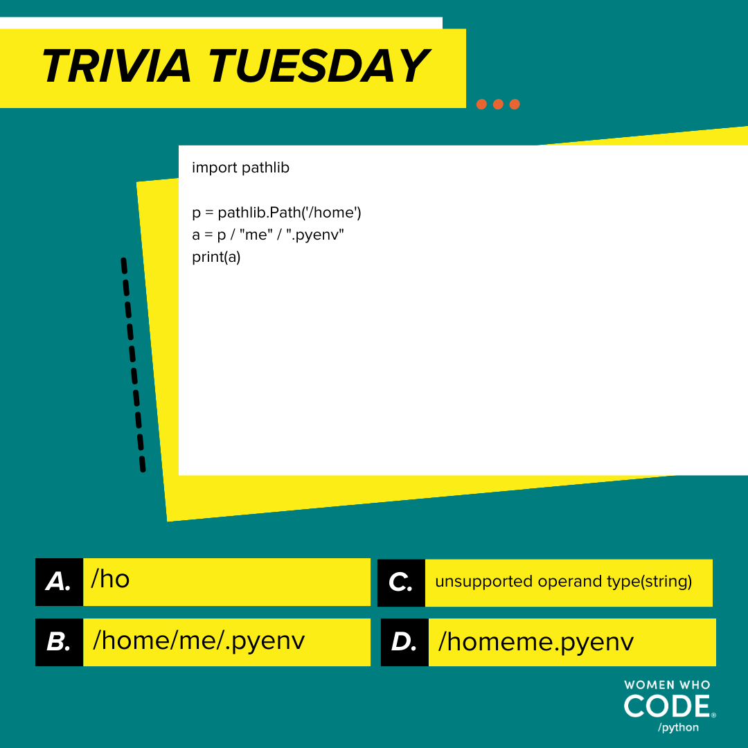 womensoftwarepy's tweet photo. It's Trivia Tuesday!
A, B, C or D ? Leave your answer in the comments !
Text version: https://t.co/oDwPF4izXi
#wwcode #womenwhocode #trivia #python #pythoncode #pythoncoding #pythonprogrammer #wwcodepython #womenintech https://t.co/W6d0Z43boY