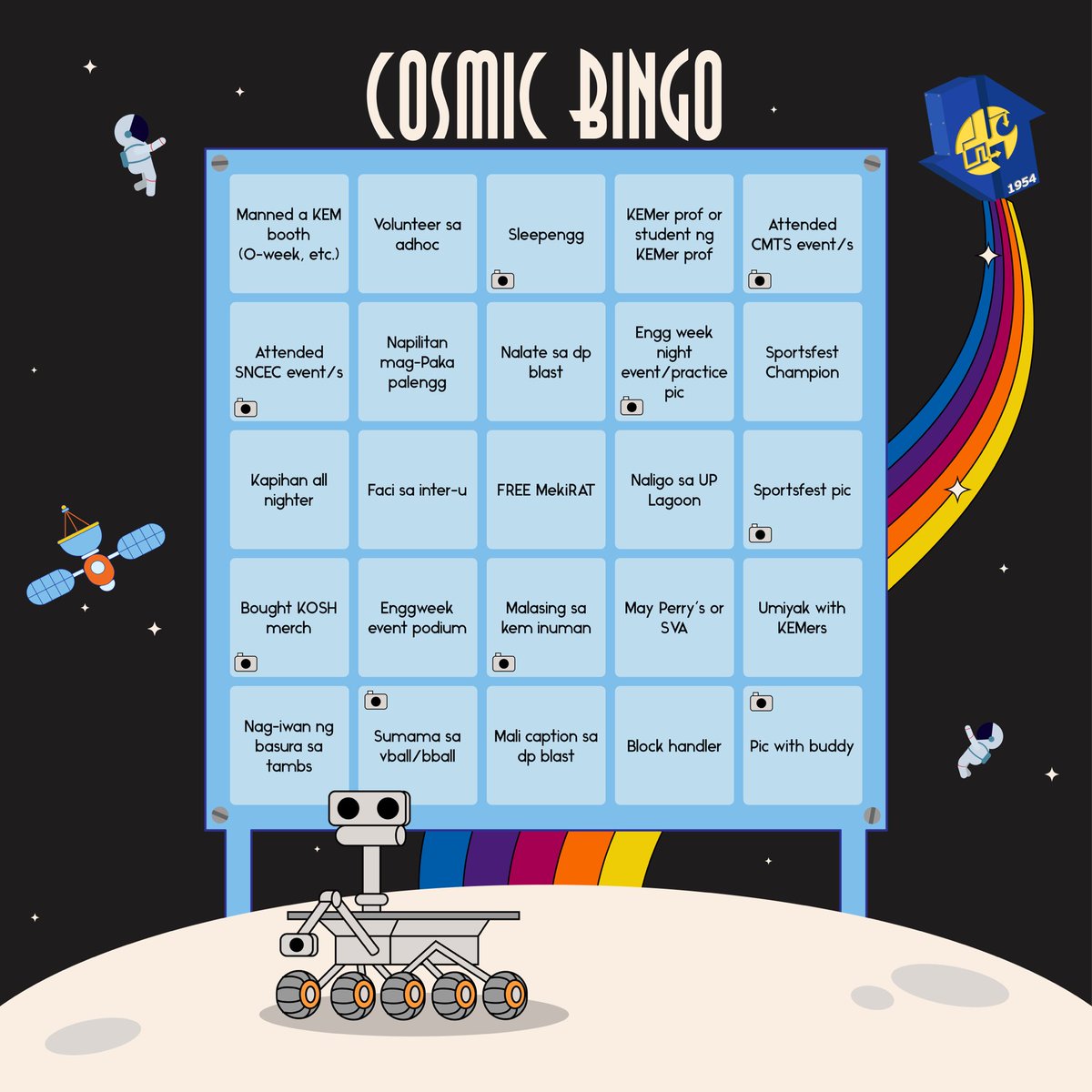 upkem's tweet photo. Forging student leaders and academic achievers has been no easy feat for UP KEM and its members. This led to the creation of countless remarkable memories that everyone shares and treasures.

Reminisce with us and fill out this bingo card on our FB!

#KEMat69 
#69LAXY 
#RoKEMship https://t.co/mqq33Zdg9W