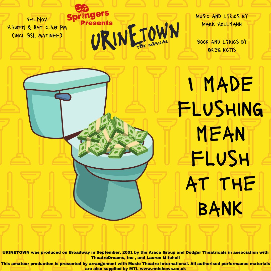 Feeling flush at the bank after payday? Then it's a perfect time to book your tickets for Urinetown!🚽

Our production of Urinetown will be at Chelmsford Theatre Studio 7 -11 Nov🧻

Tickets: chelmsfordtheatre.co.uk/events/urineto…

#Springers #Urinetown #MusicalTheatre #SupportLocalTheatre