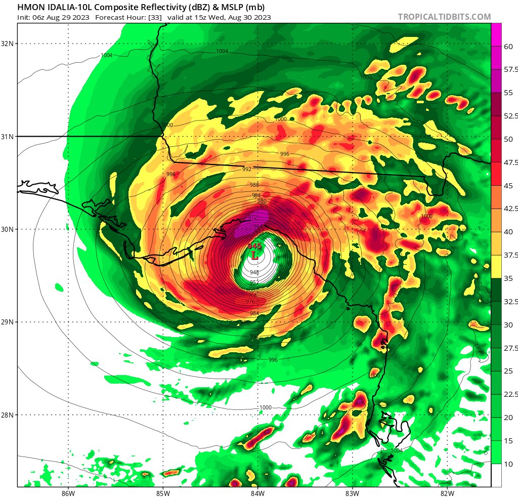 ScotPilie_Wx's tweet photo. Extremely dangerous Hurricane #Idalia likely to rapidly intensify over the eastern Gulf of Mexico. 8-12ft of storm surge along the Big Bend. Please evacuate low lying zones.

System’s quick speed will increase wind threat WAY inland. Widespread power outages in N FL, S GA, SC. https://t.co/dBuOEpRt8f