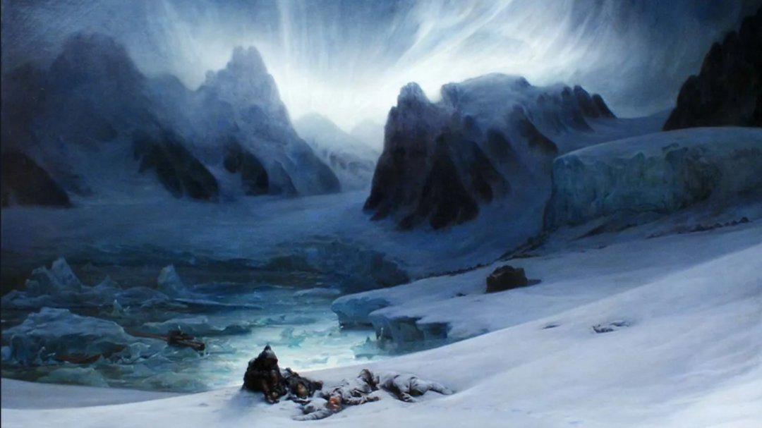 ATMOvfx's tweet photo. Painting done by Francois Auguste Biard! A snowy land, bathed in mesmerizing light. A focus point of characters below bear the weight of untold tragedies, inviting viewers to uncover deeper narratives. #traditionalpainting #realistic #mountains #snowyenvironment #artoftheday https://t.co/DJs4vsfVTh