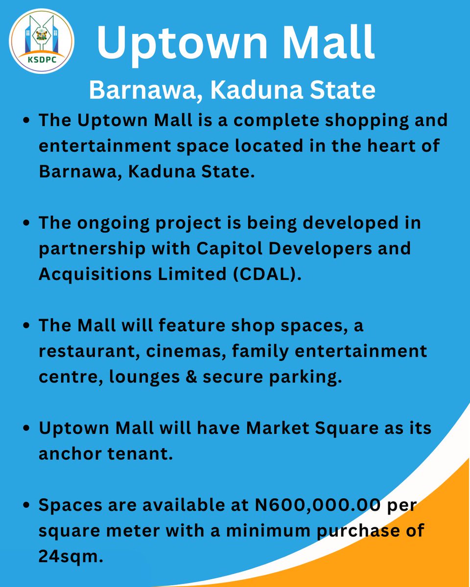 KSDPCLtd's tweet photo. #OngoingWork
The Uptown Mall is a complete shopping and entertainment space located in the heart of Barnawa, Kaduna State.
Spaces are available at ₦600,000.00 per square meter with a minimum purchase of 24sqm2.
#KSDPC #RealEstate #ShoppingMall #KadunaState https://t.co/HjoyvQgKsa