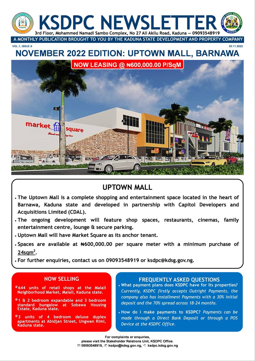 KSDPCLtd's tweet photo. #OngoingWork
The Uptown Mall is a complete shopping and entertainment space located in the heart of Barnawa, Kaduna State.
Spaces are available at ₦600,000.00 per square meter with a minimum purchase of 24sqm2.
#KSDPC #RealEstate #ShoppingMall #KadunaState https://t.co/HjoyvQgKsa