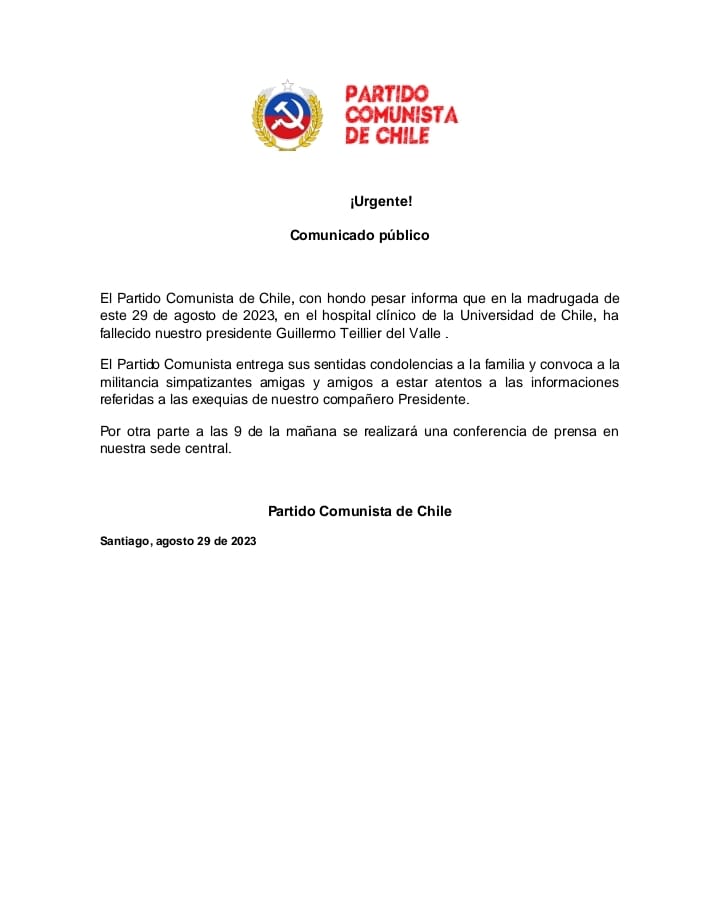 constanzapaveza's tweet photo. Mis sentidas condolencias a los amigos y compañeros y compañeras del Partido Comunista ante el sensible deceso de su presidente, Guillermo Teiller 🌹 https://t.co/6NqhFUFSCL