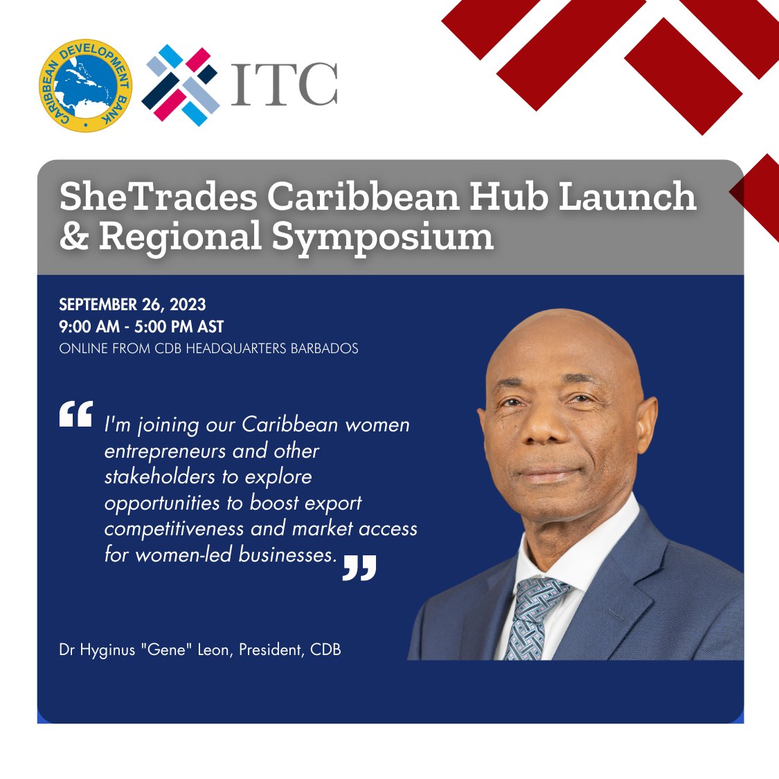 Caribank's tweet photo. Our women in business are an invaluable resource! President Leon and many other speakers will be at our #SheTrades Regional Launch to support them. Join us live online and sign up to join the network. 📺https://t.co/9UlruC7RR8. @ITCnews https://t.co/AIiR2Juo6S