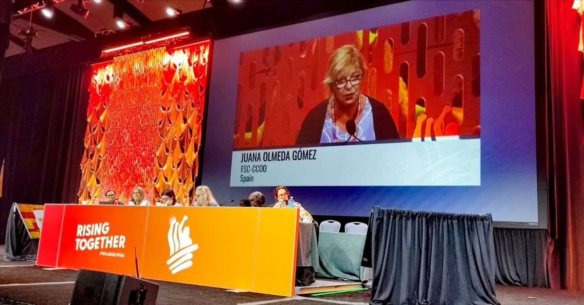 FSCdeCCOO's tweet photo. 🌍 Participamos en el Congreso Mundial de UNI Global Union, celebrado en Filadelfia del 27 al 30 de agosto.

🗣️Juana Olmeda, secretaria general de FSC-CCOO, ha planteado que el movimiento sindical se posicione en contra de las conductas machistas.

➡️ https://t.co/RAQn3PRk0S https://t.co/WqJeboPceL