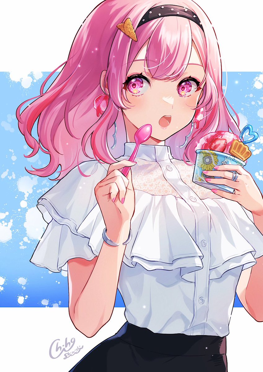 1girl solo pink hair food pink nails spoon shaved ice  illustration images