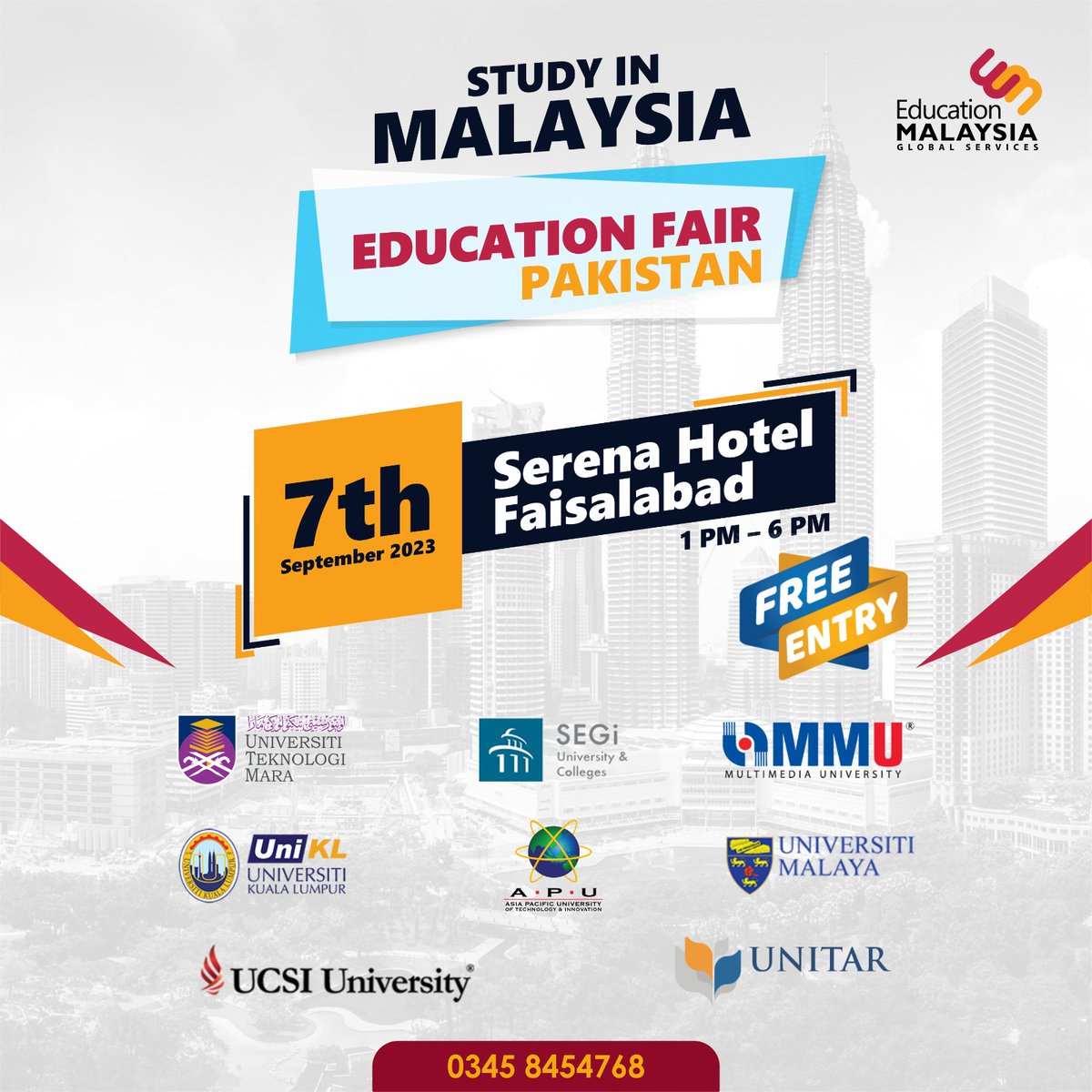 Study In Malaysia Education Fair - Join us in Faisalabad!

Free Entry, Reserve your seat here:👇🏻
register.fesexpo.com
Call/#WhatsApp: 0345 8454768

#EMGS #StudyinMalaysia #StudyAbroad #Faisalabad #Pakistan #fes #Malaysia #fesconsultants #FESMalaysiaEducationFair 
@FESPakistan