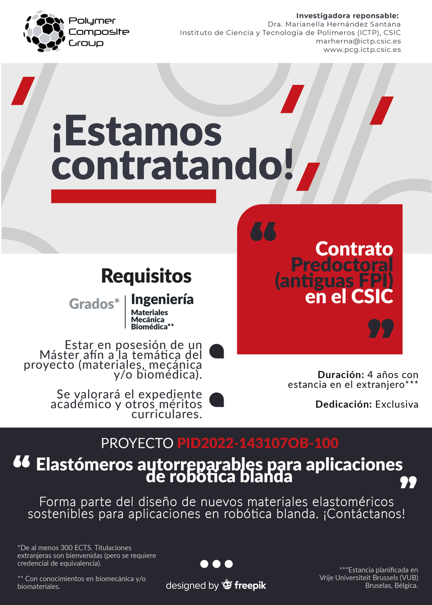 sutrerabarrios's tweet photo. ¡Estamos contratando! 📄

Únete al Grupo Compuestos Poliméricos del @ictp_promocion.

Buscamos un contratado predoctoral (antiguas FPI) para el proyecto "Elastómeros Autorreparables para Robótica Blanda"🌱🤖

Contacta a @marherna2010. 👩‍🔬

#investigación #elastomeros #robotica https://t.co/ukcdWk6oY0