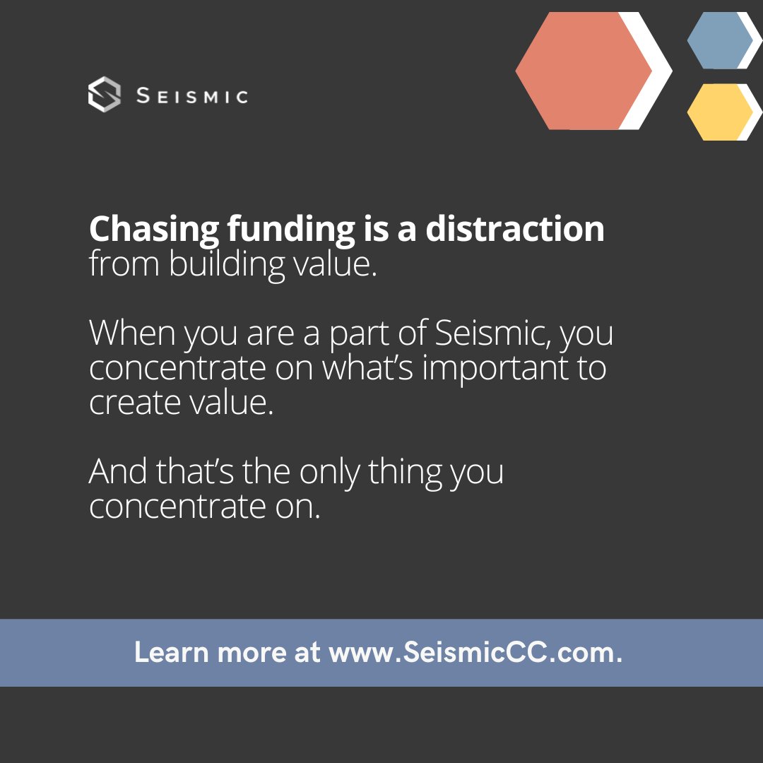 Chasing funding is a distraction from building value. When companies are a part of Seismic, they can concentrate on the only thing startups should be concentrating on - what's important to creating value. Ready to learn more? Visit seismiccc.com/founders-parad…