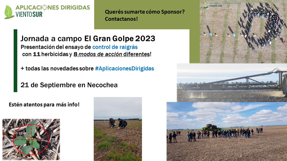 Se viene la Jornada #ElGranGolpe2023
Presentación del ensayo de control de raigrás con 11 herbicidas y 8 modos de acción diferentes
+ todas las novedades sobre #AplicacionesDirigidas 🎯
-Te interesa ser sponsor? Contactanos!
-Te interesa asistir? Estate atento para más info!