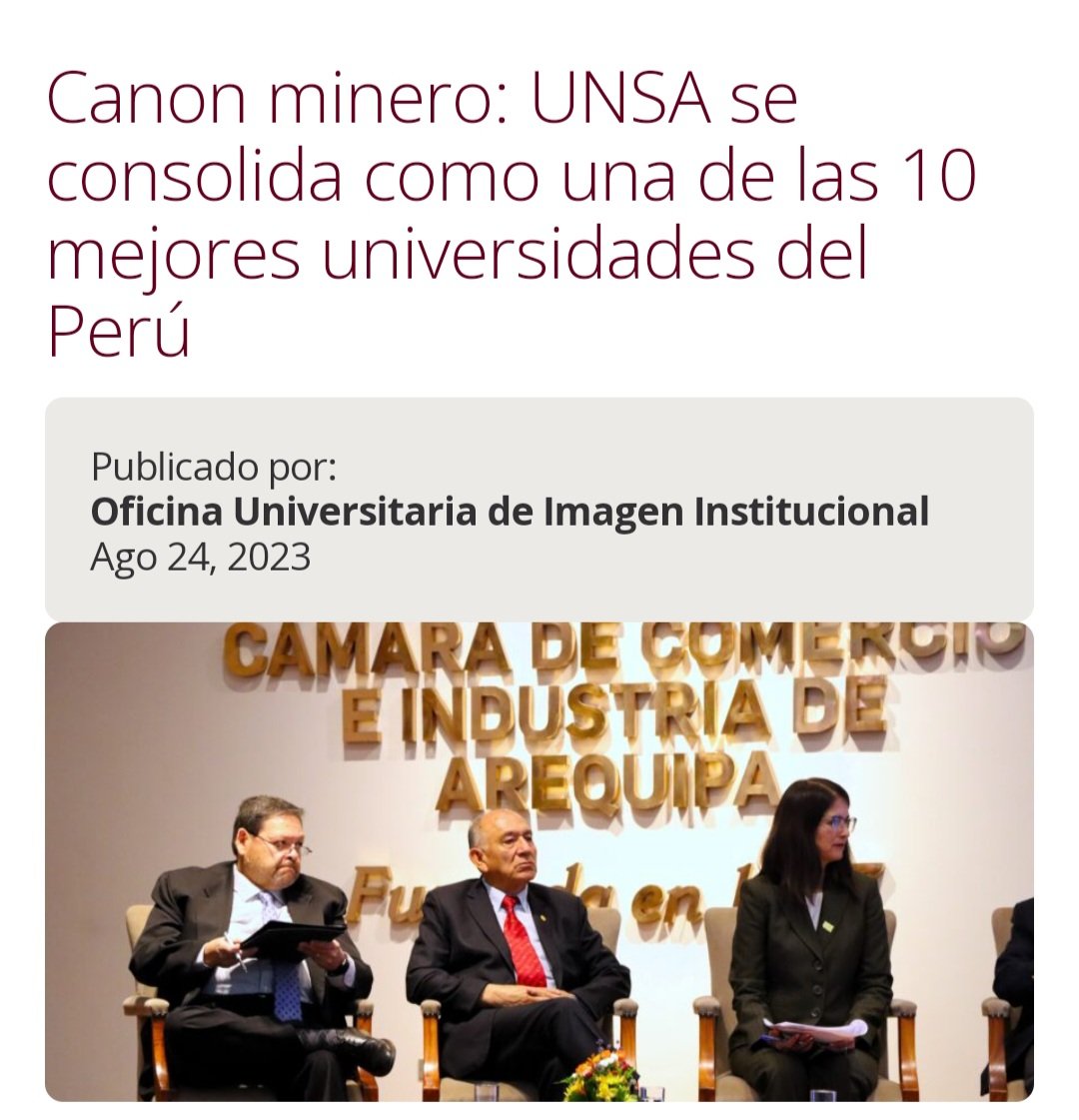 PMO_Peru's tweet photo. Me complace saber que la Universidad Nacional de San Agustín #UNSA se ha convertido en una de las 10 mejores #universidades de Perú y escaló en rankings mundiales.

#SectorMinería #Educación #Investigación #Renacyt #CanonMinero #southern #OxI https://t.co/mnDlMUD6Si