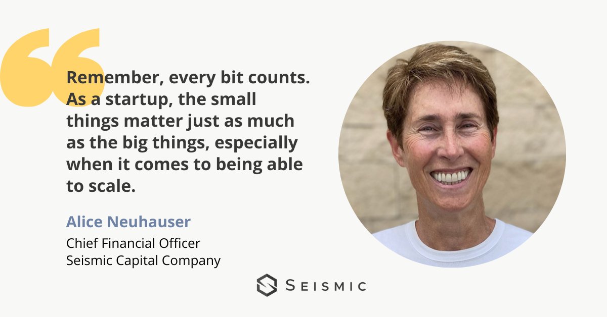 What are the most important qualities for startups to succeed? CFO Alice Neuhauser says the keys to success include:
 🔑Remembering small things matter just as much as the big things
 🔑Perseverance
 🔑Building a strong ethics &amp; value system
Learn more at Seismiccc.com