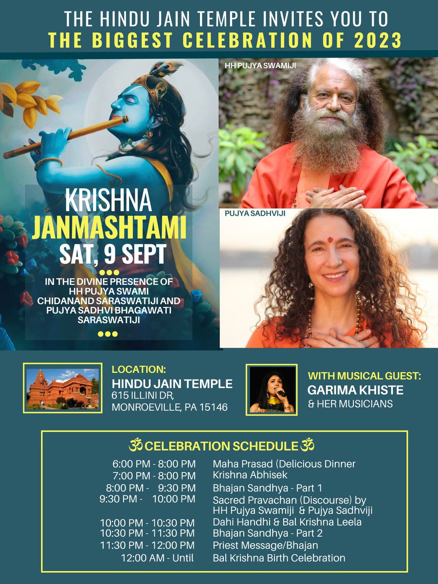 Great News! HH @PujyaSwamiji  & Pujya Sadhvi Bhagawati Saraswatiji will be in Pittsburgh on Saturday, September 9th, 2023 for #KRISHNAJANMASHTAMI, the celebration t the #HinduJainTemple in Pittsburgh. You are invited!

#krishnajanmashtami2023  #pittsburghevents