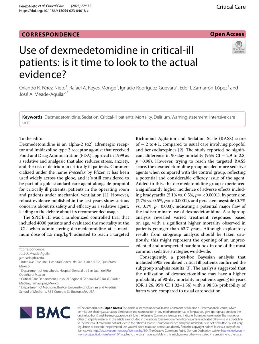 JoseMeadeMD's tweet photo. 🚨🔥HOT OUT OF PRESS🔥🚨
Excited to share our word published on @Crit_Care on the use of dexmedetomidine, the famous “precedex” on agitaded patients in the ICU. https://t.co/mFtcUqHko3 https://t.co/zNKjc4saWR