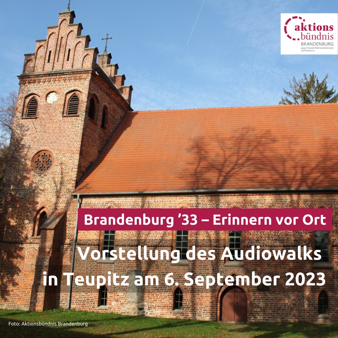 ab_brandenburg's tweet photo. Die VHS Dahme-Spreewald lädt ein: Audiowalk vor Ort in #Teupitz zum Aufstieg des Nationalsozialismus, mit uns als #Brandenburg33 Initiator*innen und dem Historiker Wolfgang Rose. Vortragsbeginn ist im Gemeindehaus am 6. September 2023, 18 Uhr. Mehr Infos: https://t.co/khiMfrdaKi https://t.co/2W1tzF1JA2