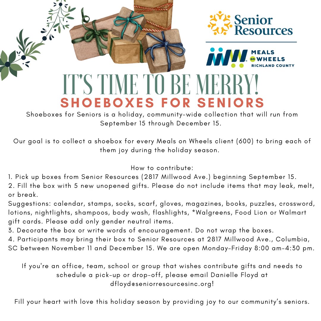 It is time to start looking ahead to the holidays! A lot of our Meals on Wheels clients spend the holidays alone and we want ensure they have a gift to open, so new this year we are introducing Shoeboxes for Seniors.