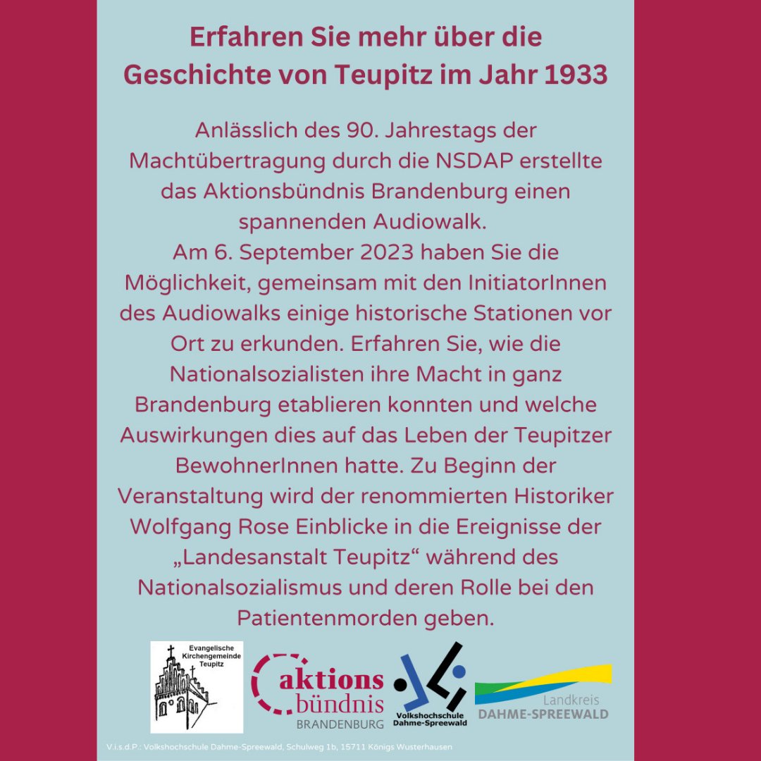 ab_brandenburg's tweet photo. Die VHS Dahme-Spreewald lädt ein: Audiowalk vor Ort in #Teupitz zum Aufstieg des Nationalsozialismus, mit uns als #Brandenburg33 Initiator*innen und dem Historiker Wolfgang Rose. Vortragsbeginn ist im Gemeindehaus am 6. September 2023, 18 Uhr. Mehr Infos: https://t.co/khiMfrdaKi https://t.co/2W1tzF1JA2