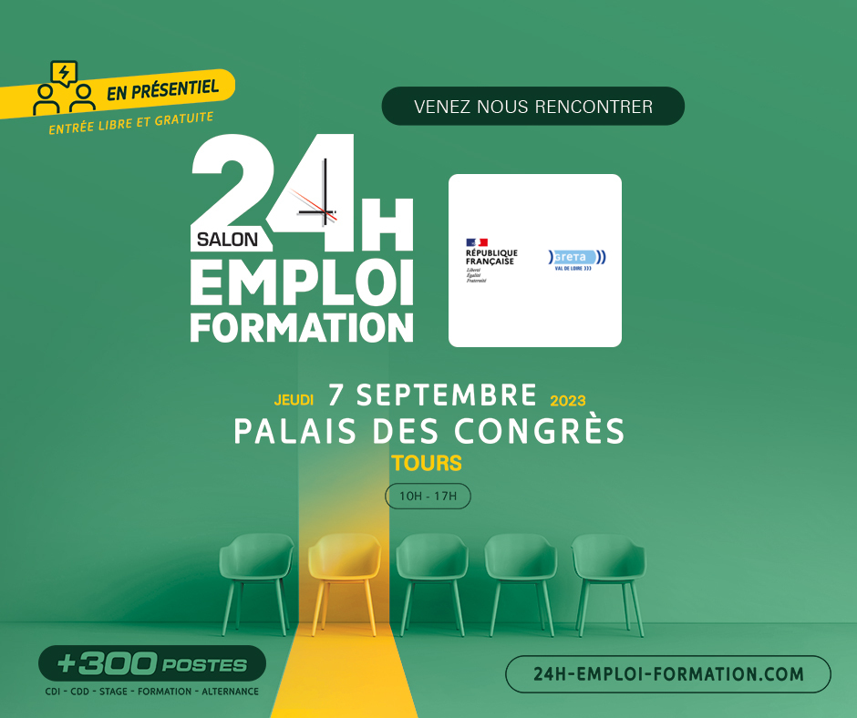 Vous cherchez un #emploi, ou une #formation ? Venez au salon "24 H pour l'Emploi et la Formation". + de 300 postes à pourvoir ! + de 40 entreprises et organismes de formation présents pour vous rencontrer.
📅 Le 07/09/23
🕙 De 10 h à 17 h
📍 Palais des congrès de #Tours