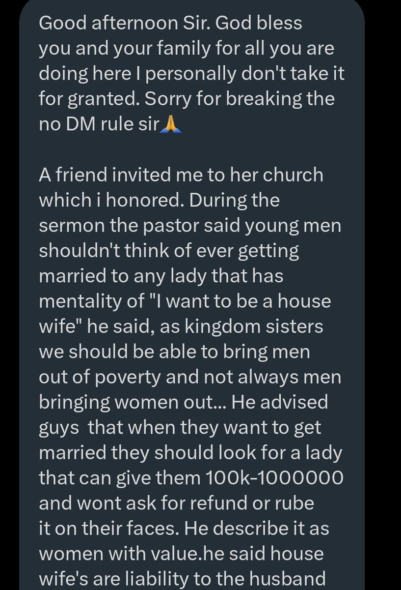 jon_d_doe's tweet photo. I disagree with the pastor.

Any wife and mother that is not contributing a dime but playing her roles effectively and efficiently, is never a liability to her husband or the society.

A wife is a help meet.

What men must look out for are:

1) her family background
2) Who raised https://t.co/7VGgo2rPHT