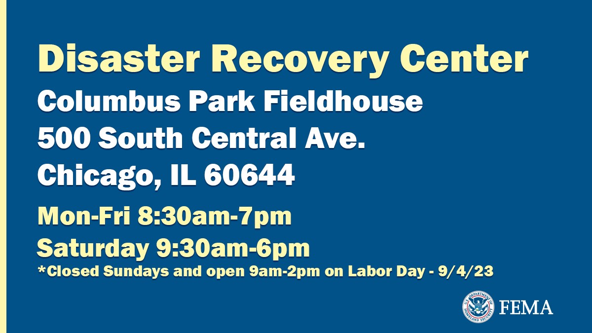 ChicagoOEMC's tweet photo. FEMA Disaster Recovery Centers are now open! If you need help filing you can go to one of these sites in Chicago. https://t.co/iLxHbRh06s